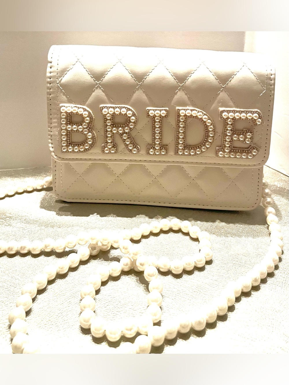 NWOT "Bride" Rhinestone & Pearl Quilted Faux Leather Purse Pearl Shoulder Strap